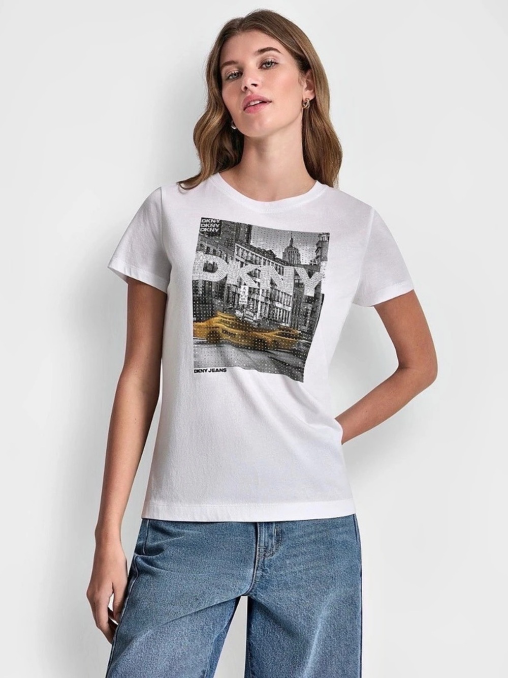 DKNY Jeans Petite Rhinestone Taxi Photoreal T-Shirt